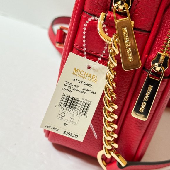 Michael Kors Jet Set Travel North South Flight Chain Crossbody Bag Bright Red - Picture 12 of 13